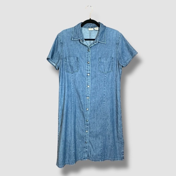 L.L. Bean Button Up Denim Shirt Dress Blue Size 16 Short Sleeve Collared - Picture 1 of 10